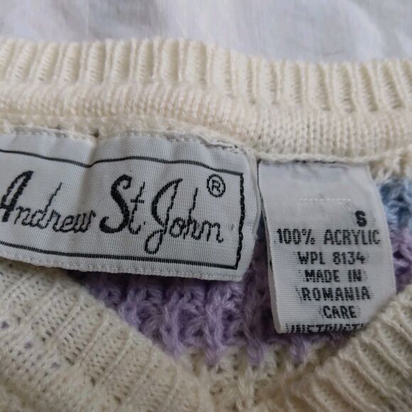 Andrew St. John Sweater Ivory Purple Retro Granny Grandmacore Women's Size Small - Picture 5 of 13